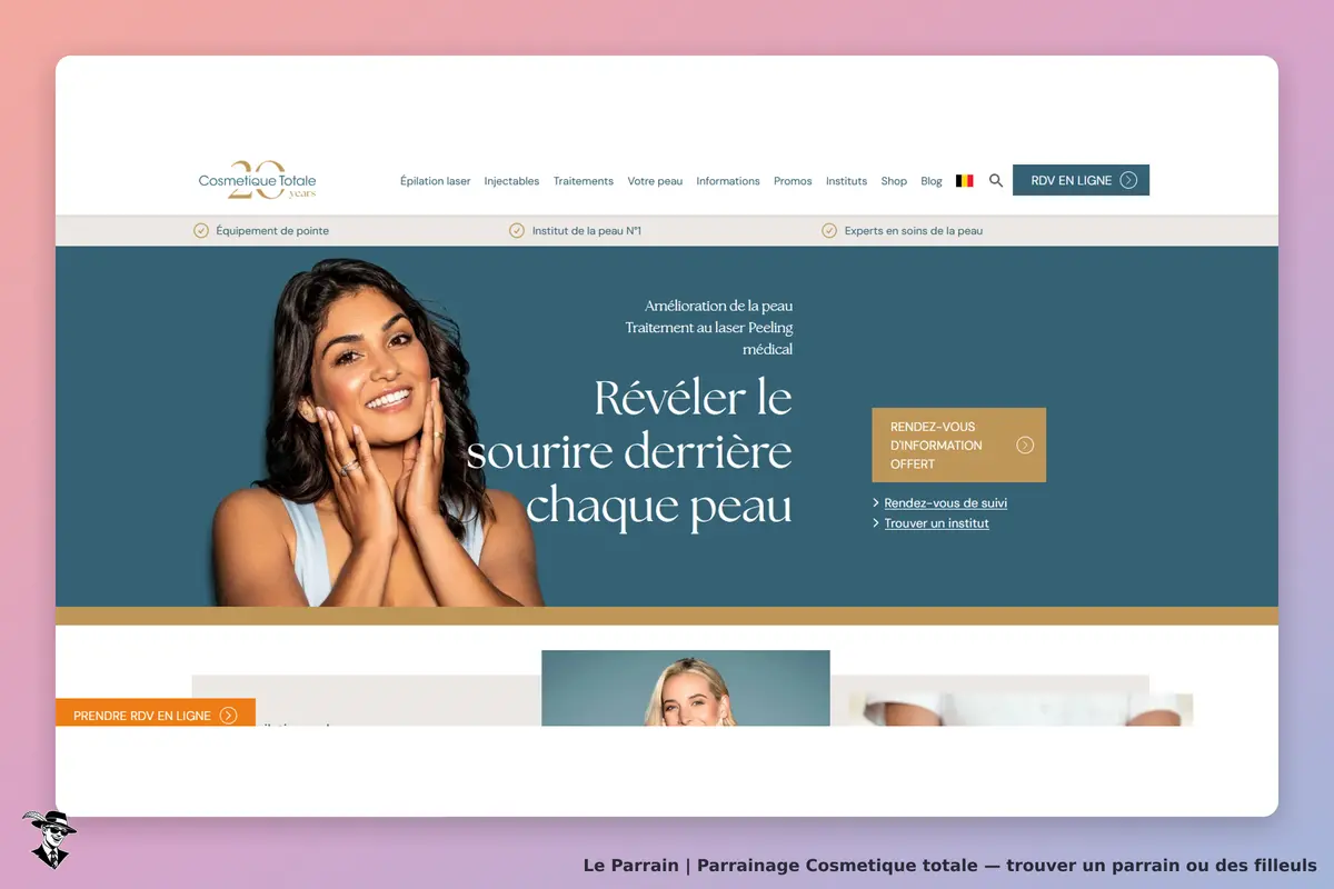 Cosmetique Totale : page d'accueil avec femme souriante et texte sur l'amélioration de la peau