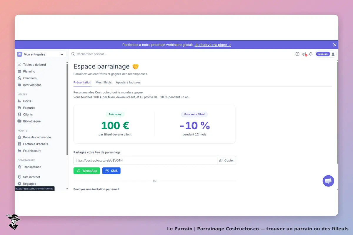 Costructor.co : espace parrainage avec options de partage et détails sur les récompenses