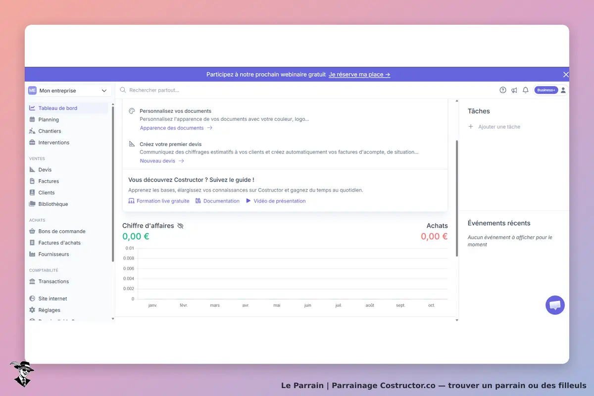 Costructor.co : tableau de bord avec options de gestion, chiffre d'affaires et tâches récentes