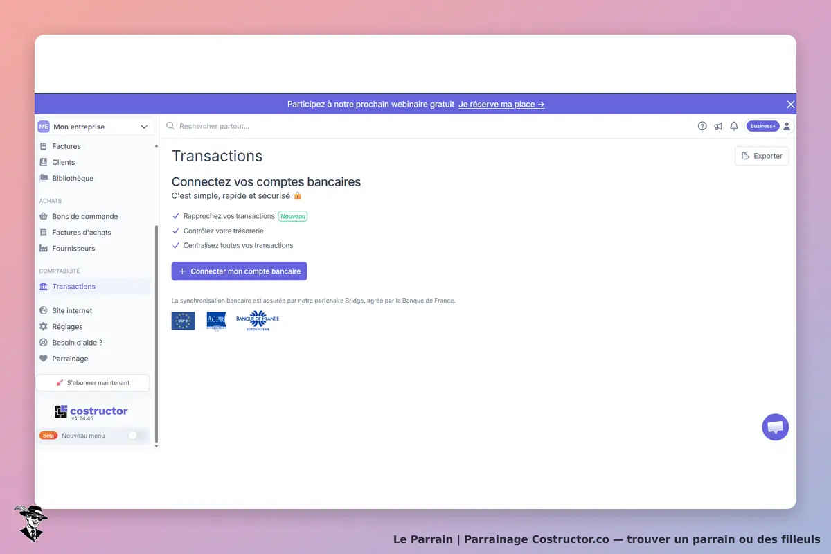 Costructor.co : page de connexion des comptes bancaires avec options de gestion des transactions
