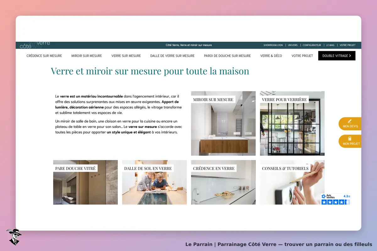 Côté Verre : page d'accueil présentant des produits en verre sur mesure pour l'intérieur