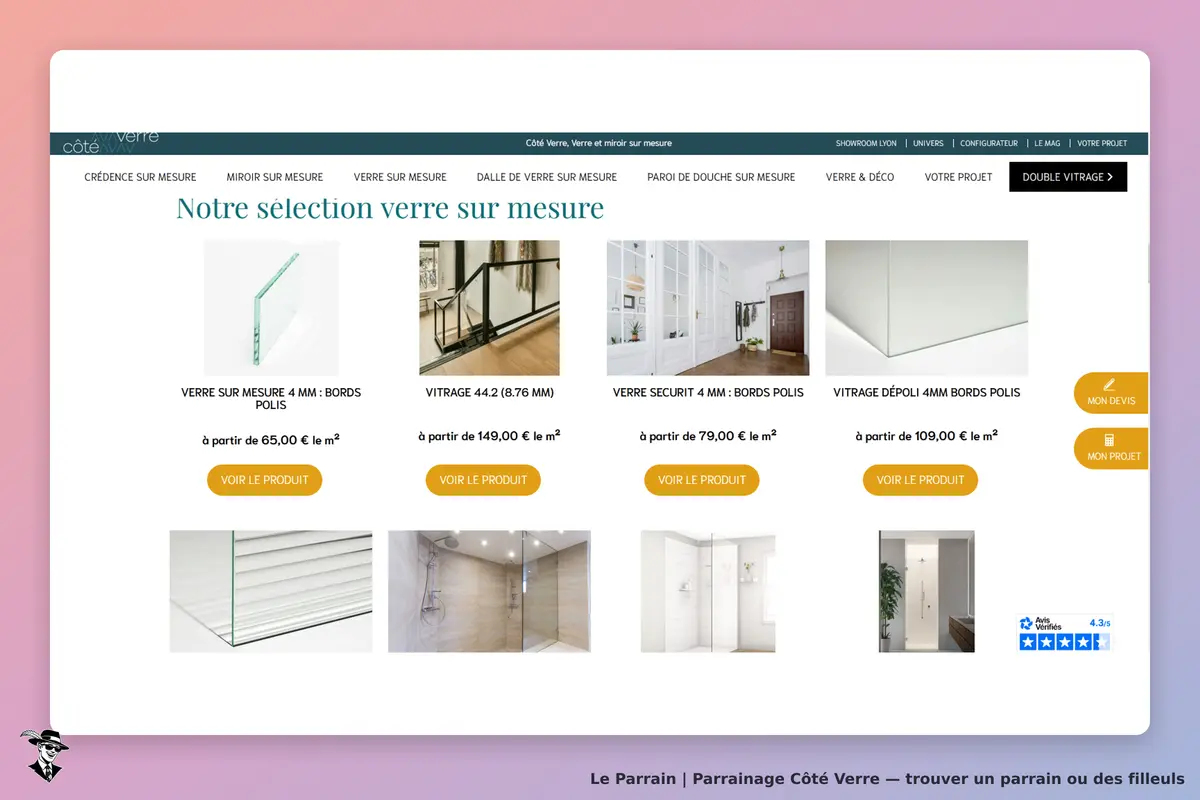 Côté Verre : sélection de produits en verre sur mesure avec images et descriptions