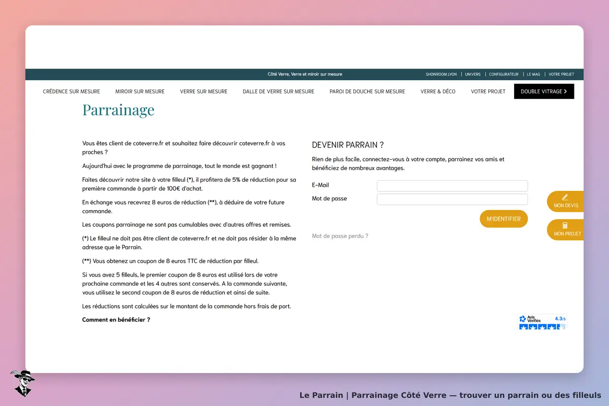 Côté Verre : page de parrainage avec formulaire de connexion et explications sur le programme