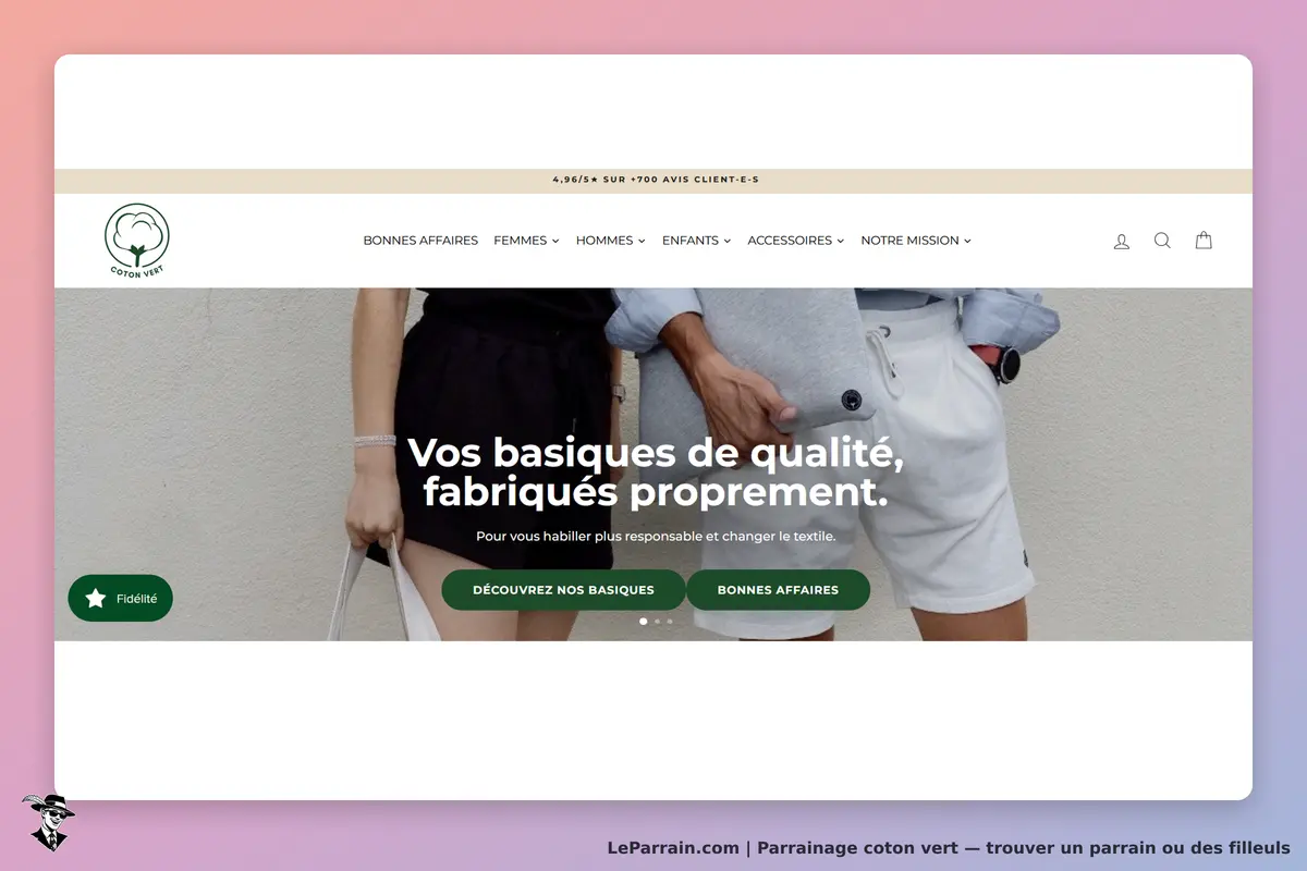Coton Vert : page d'accueil avec slogan sur des vêtements de qualité et boutons de navigation