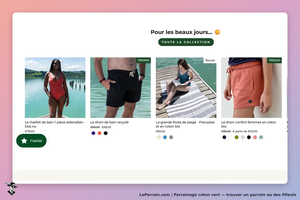 Coton Vert : page d'accueil avec maillots et shorts de bain, modèles et description des produits