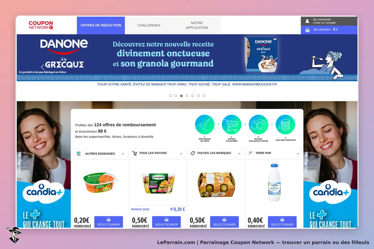 Coupon Network : page d'accueil avec offres de réduction et produits alimentaires affichés