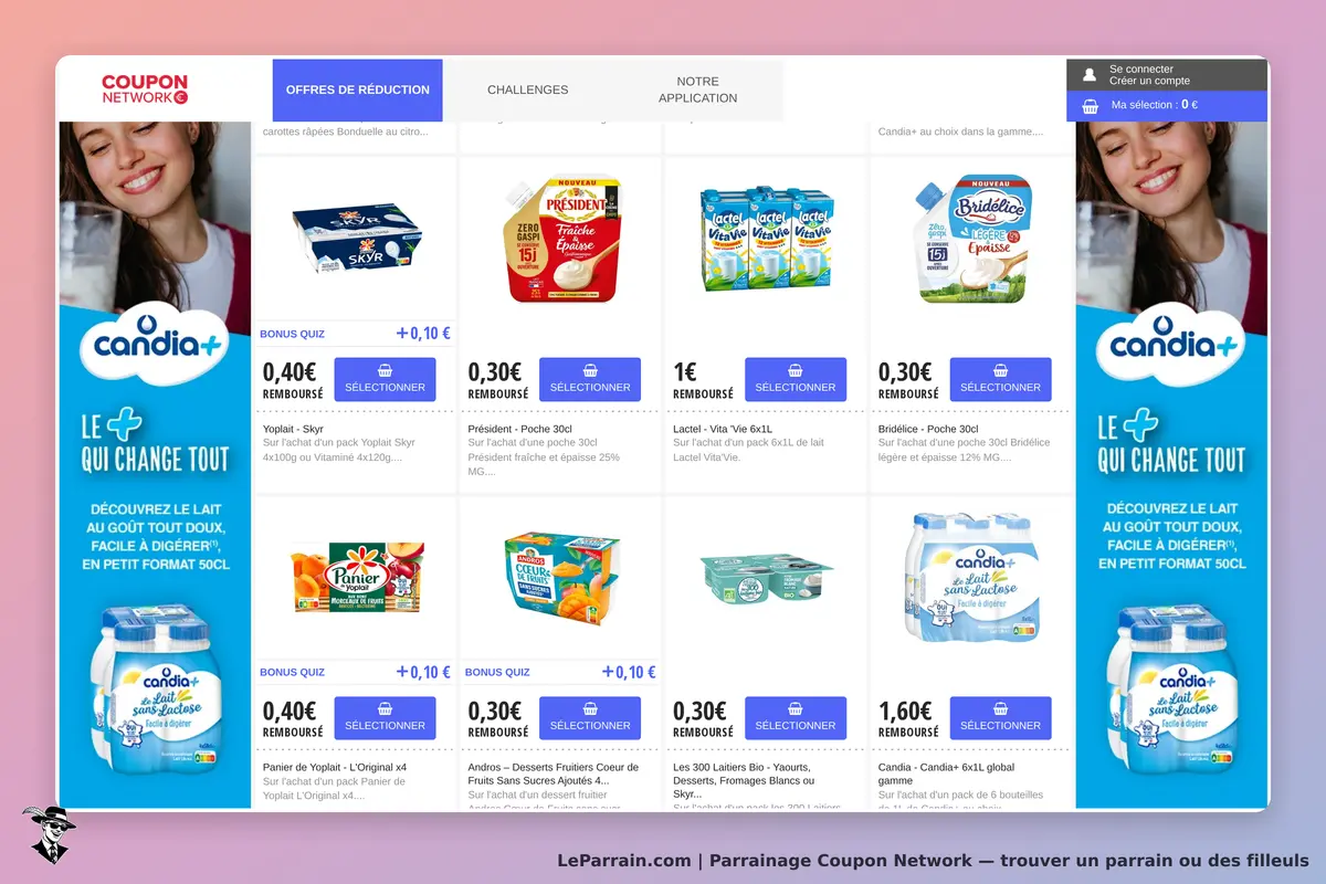 Coupon Network : page d'accueil avec offres de réduction et produits alimentaires affichés