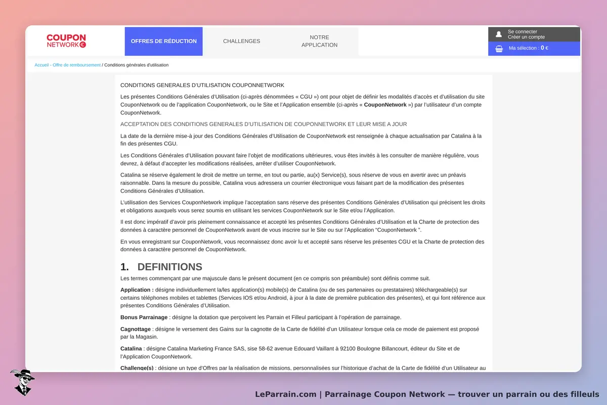 Coupon Network : conditions générales d'utilisation affichées sur la page d'accueil du site