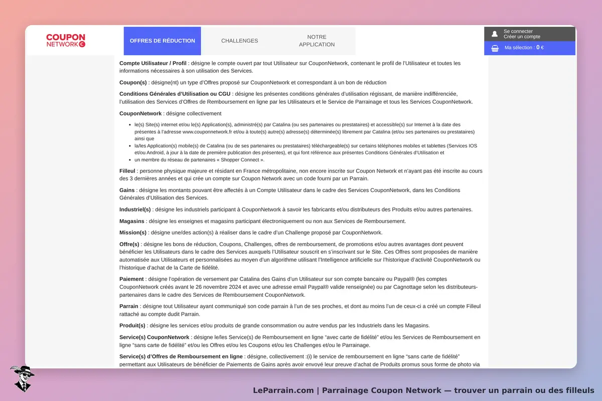 Coupon Network : page d'accueil avec informations sur les services et conditions d'utilisation