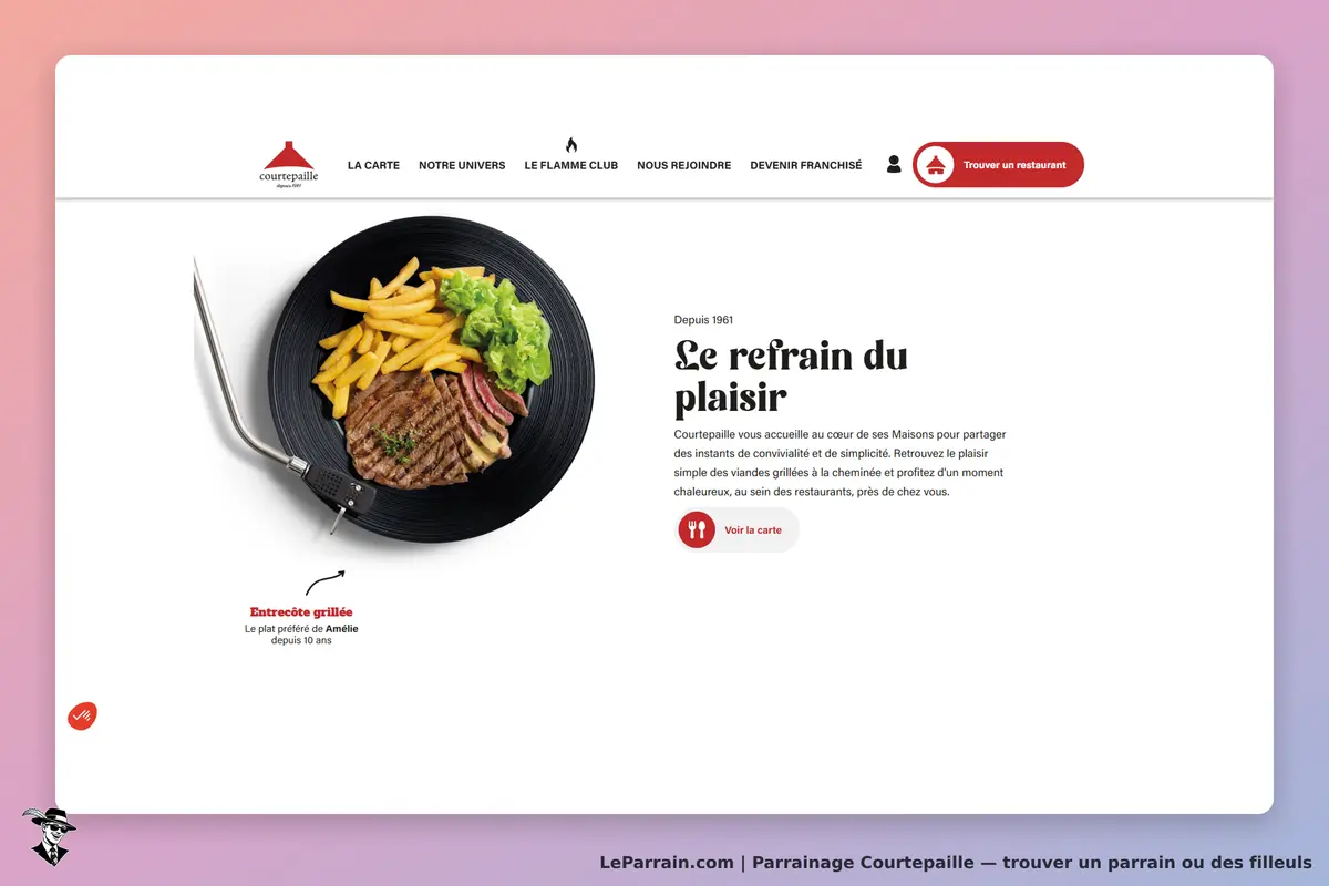 Courtepaille : un plat avec entrecôte, frites et salade sur une assiette noire. Texte explicatif
