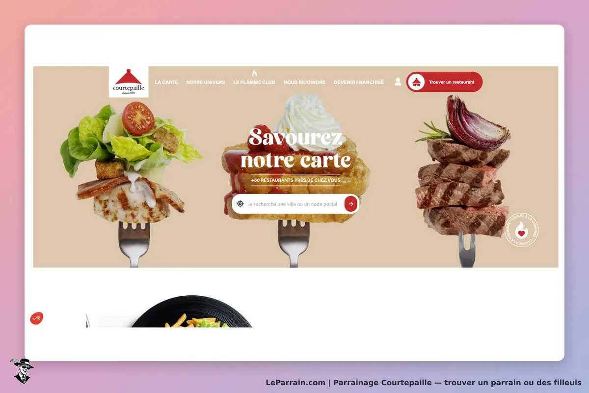 Courtepaille : page d'accueil présentant des plats sur des fourchettes et un moteur de recherche