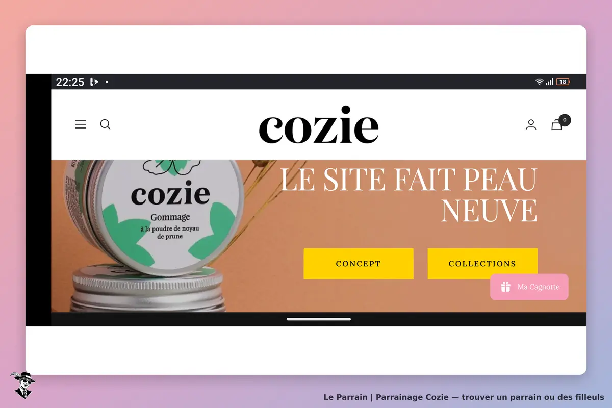 Cozie : page d'accueil avec un gommage et des boutons pour le concept et les collections