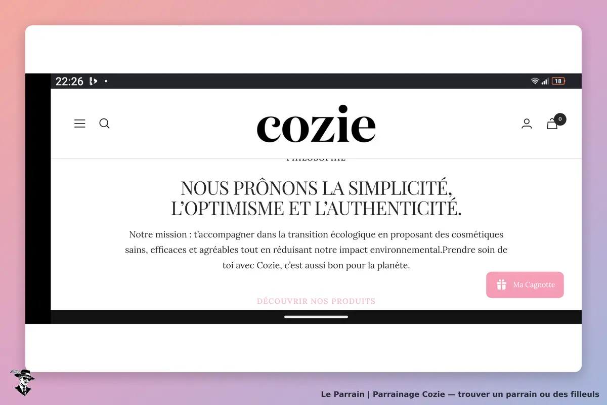 Cozie : page d'accueil présentant la philosophie et mission de la marque avec un bouton