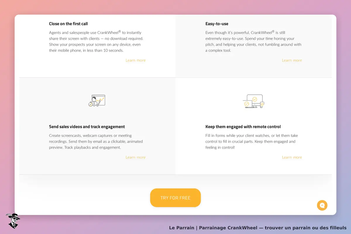 CrankWheel : présentation des fonctionnalités sur la page d'accueil avec un bouton d'essai gratuit