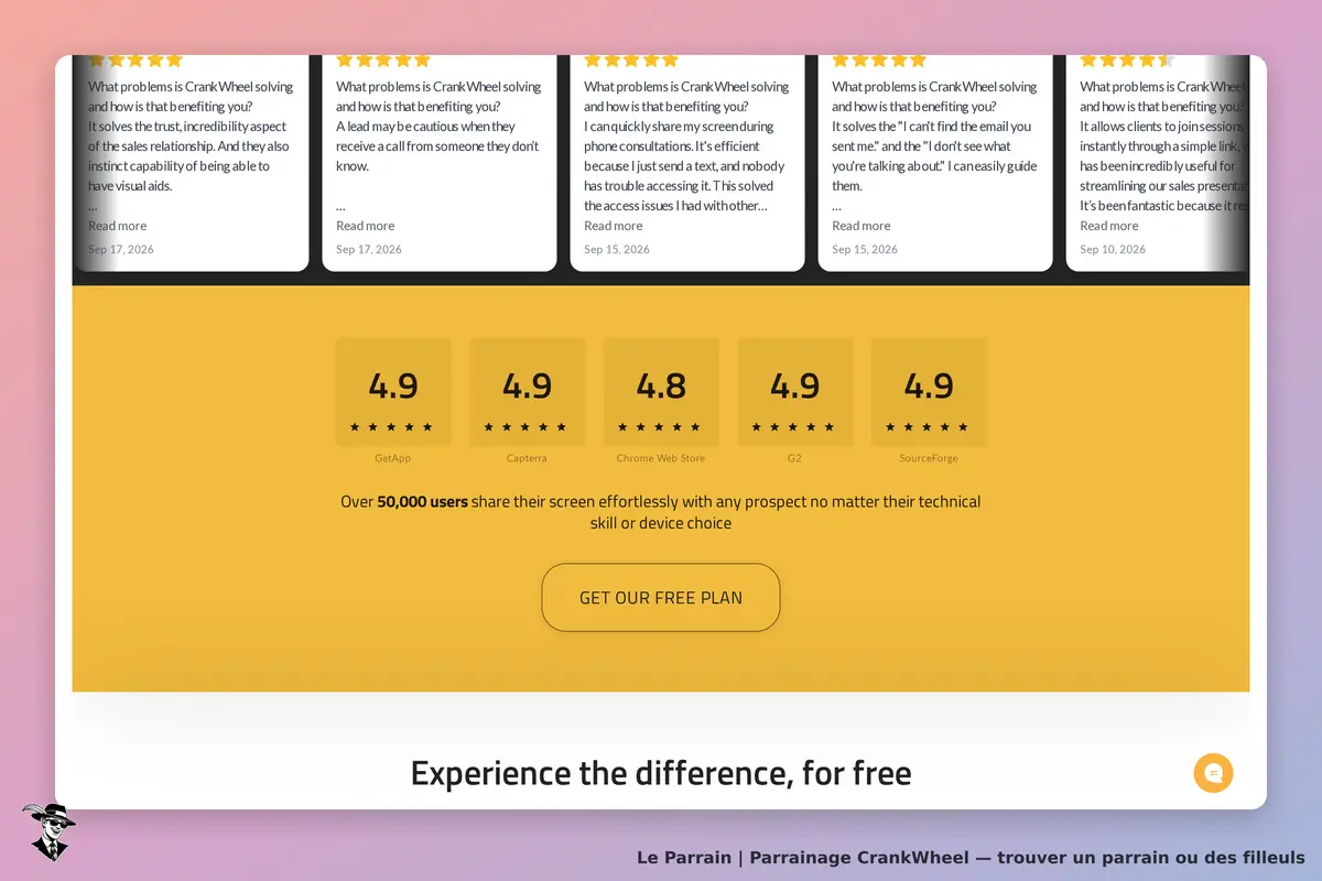 CrankWheel : avis d'utilisateurs et notes élevées sur la page d'accueil du site