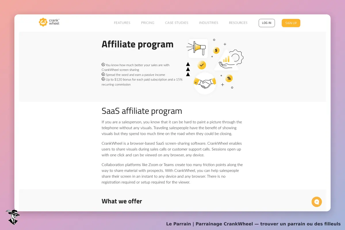 CrankWheel : programme d'affiliation avec description et avantages de partage d'écran