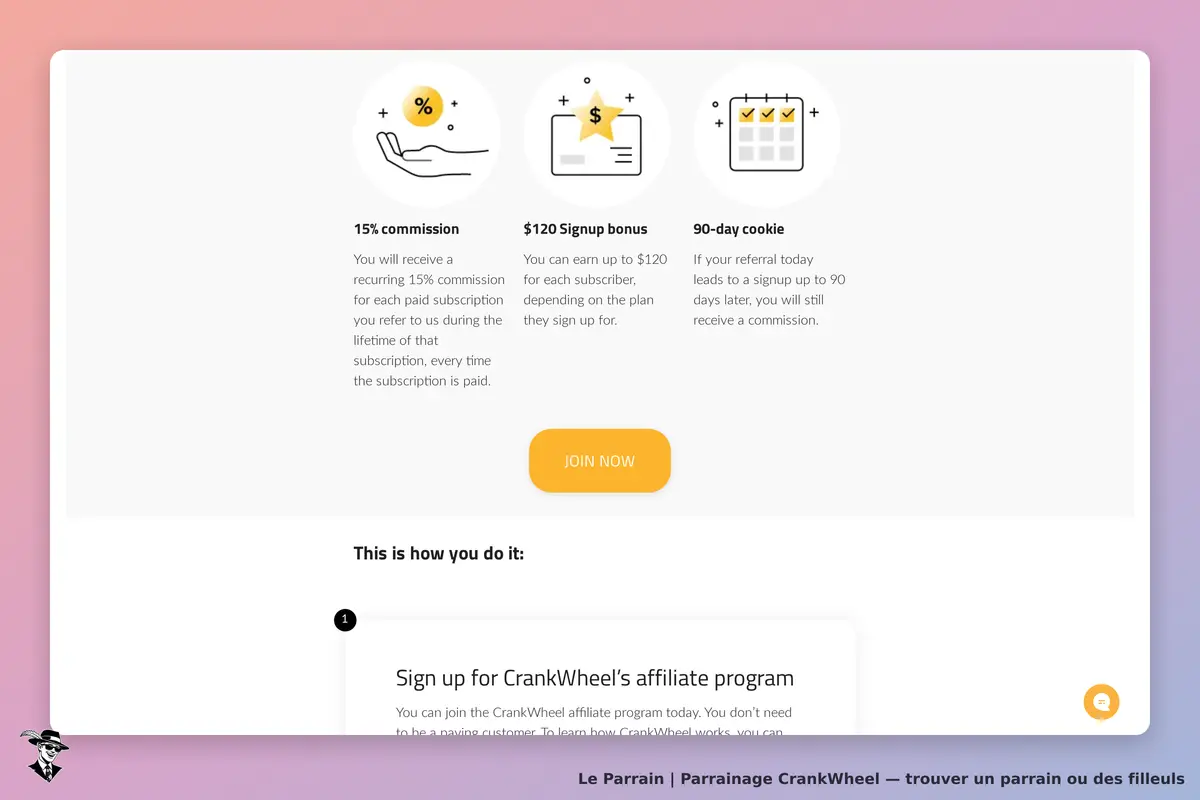 CrankWheel : section sur le programme d'affiliation avec commissions et bouton d'inscription