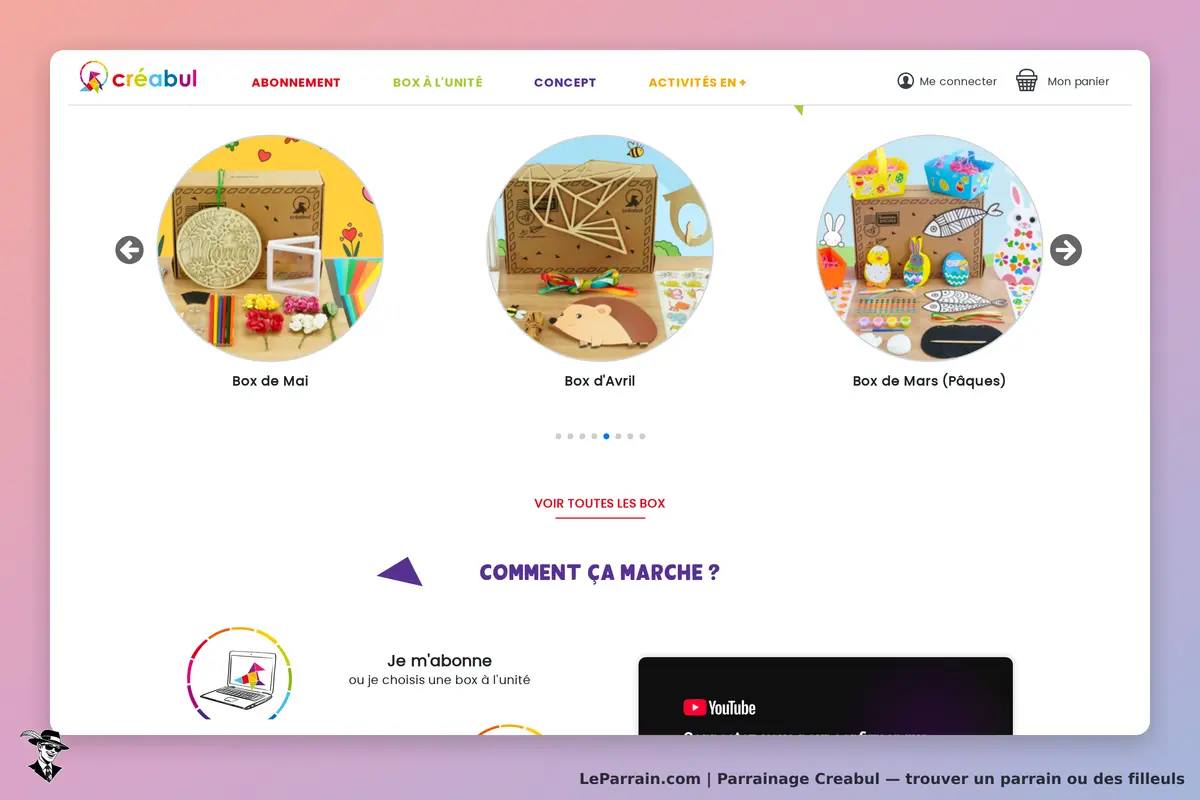 Creabul : présentation de plusieurs box créatives avec des images colorées et des titres