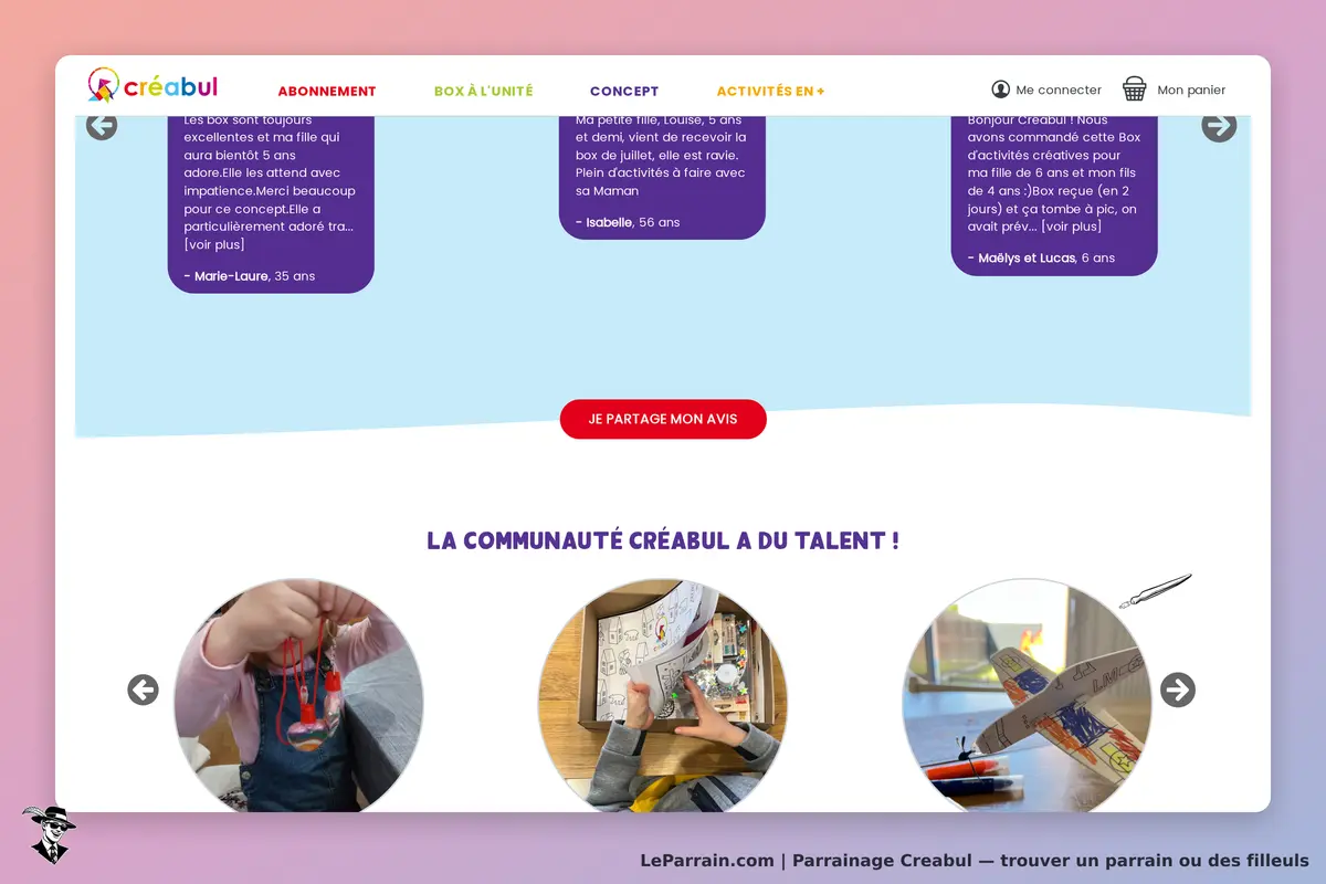 Creabul : page d'accueil avec avis clients et photos d'activités créatives réalisées