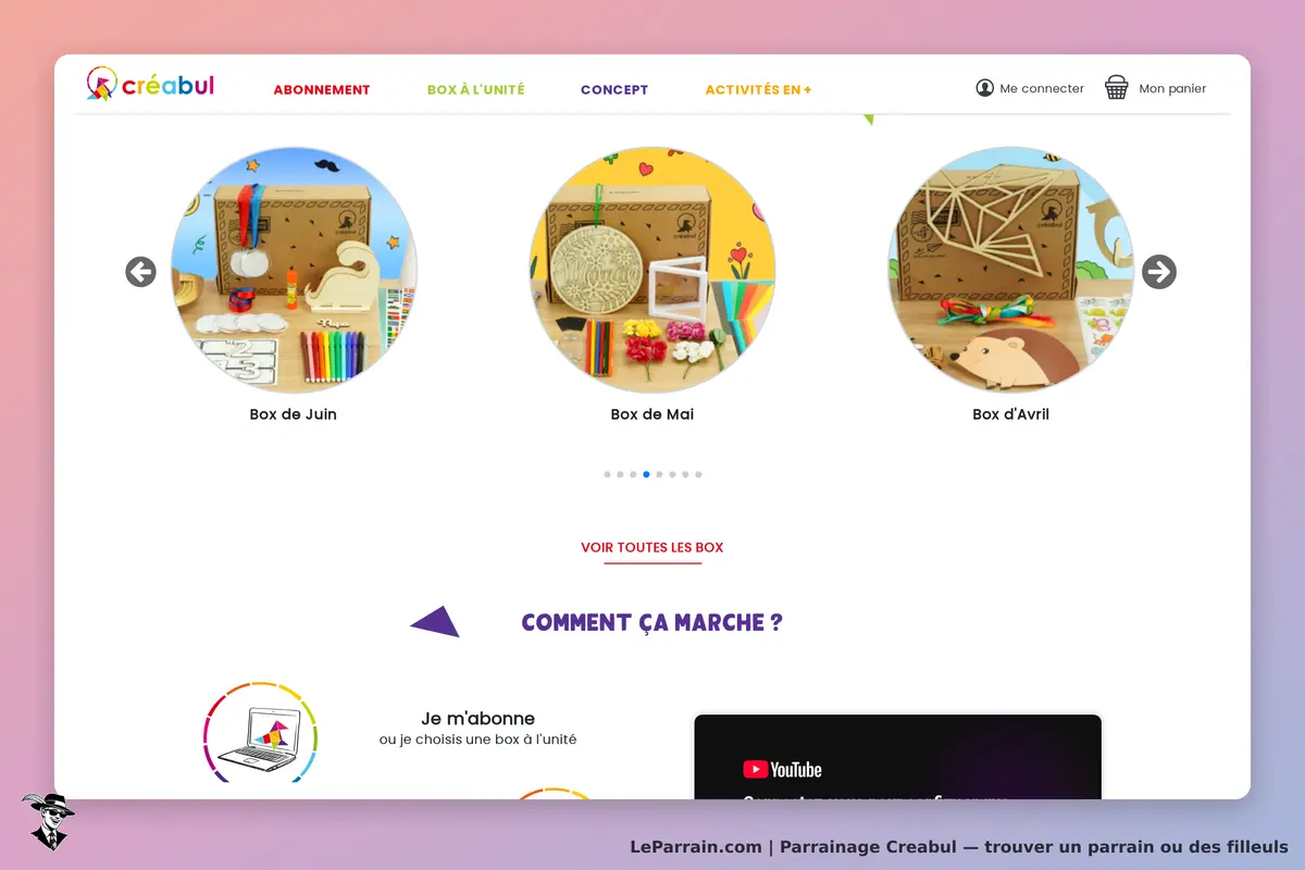 Creabul : créabul : trois box créatives présentées avec des images colorées et une description sous