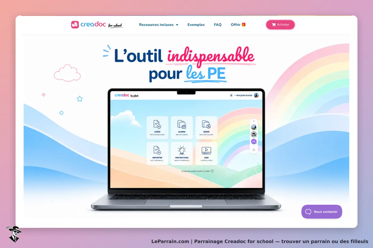Creadoc for school : creadoc : page d'accueil avec un ordinateur affichant des options pour les