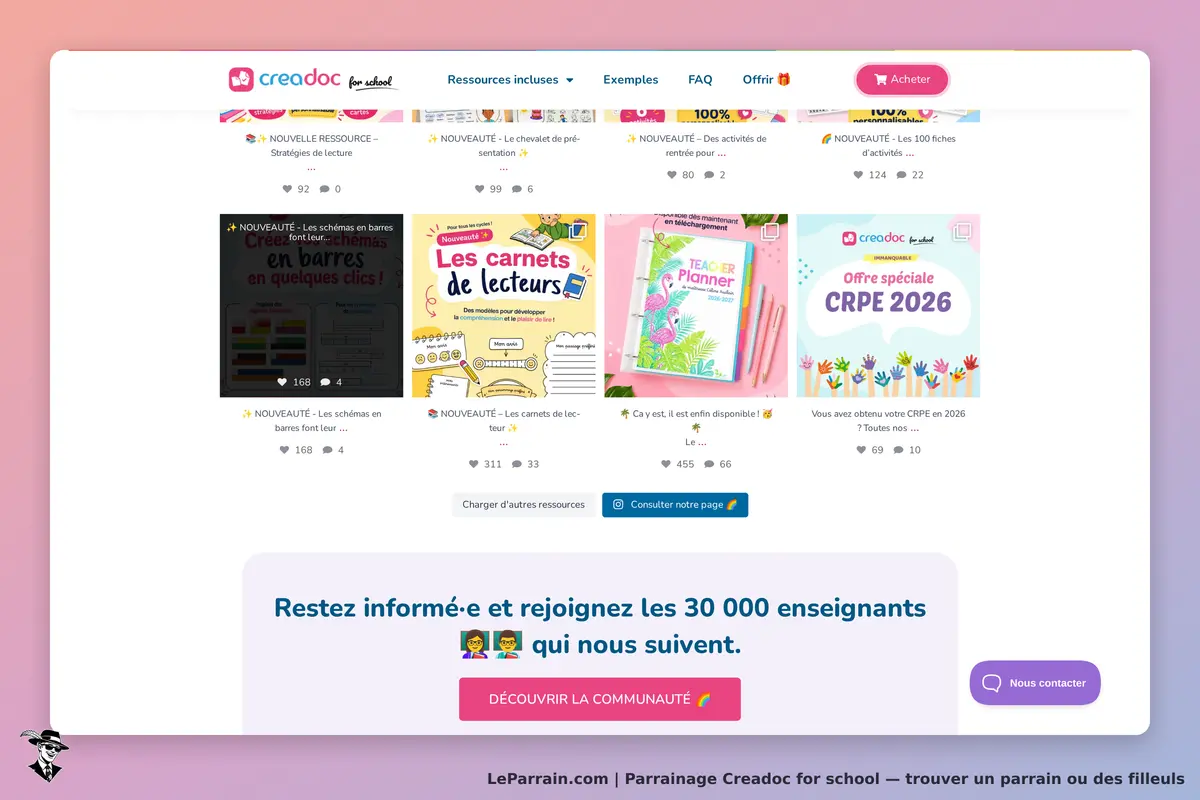 Creadoc for school : page d'accueil avec ressources pédagogiques et invitation à rejoindre la