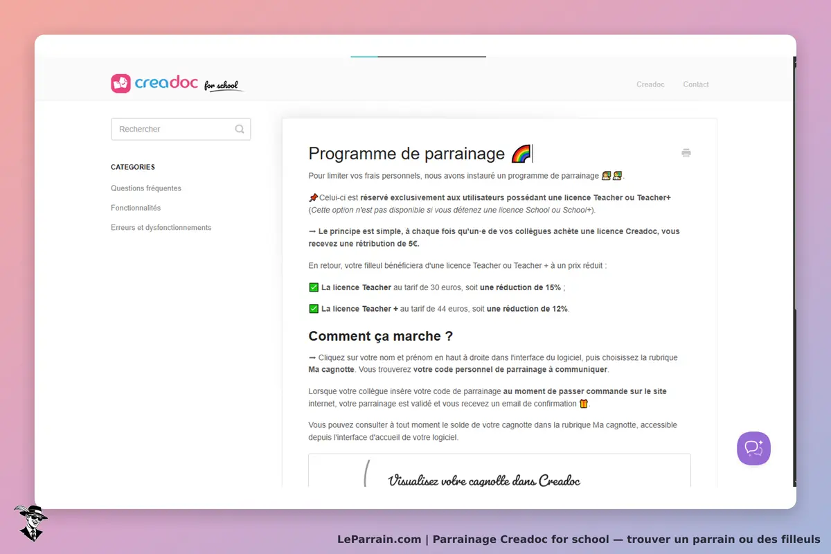 creadoc for school : page d'accueil présentant le programme de parrainage et ses conditions