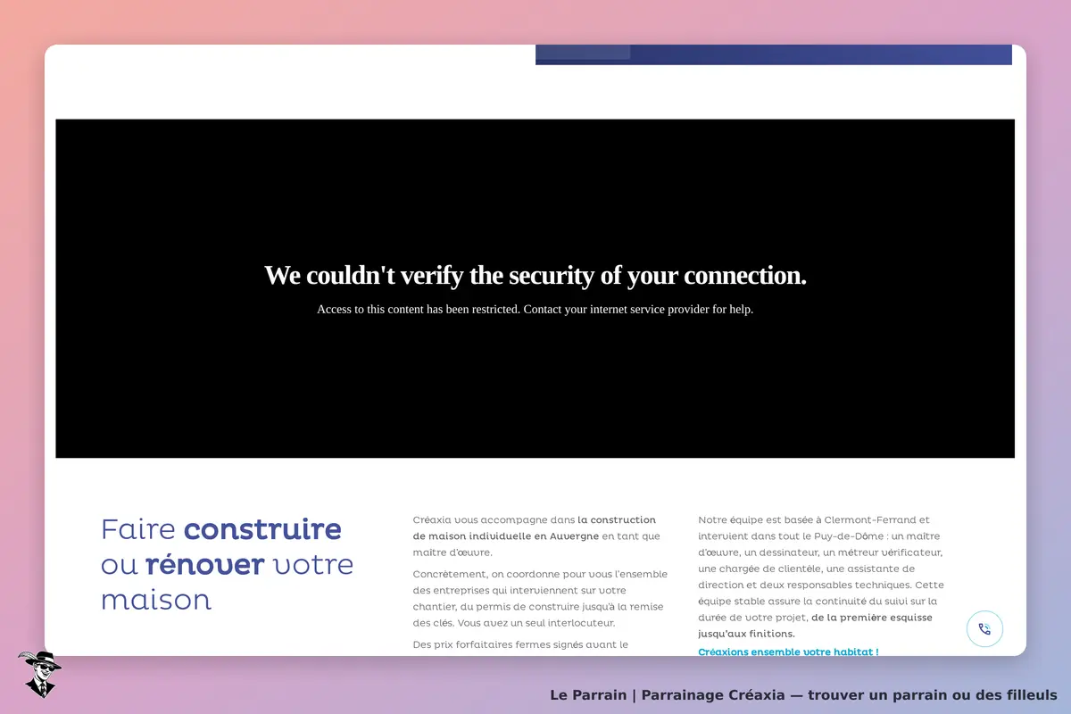 Créaxia : message d'erreur concernant la sécurité de la connexion sur fond noir