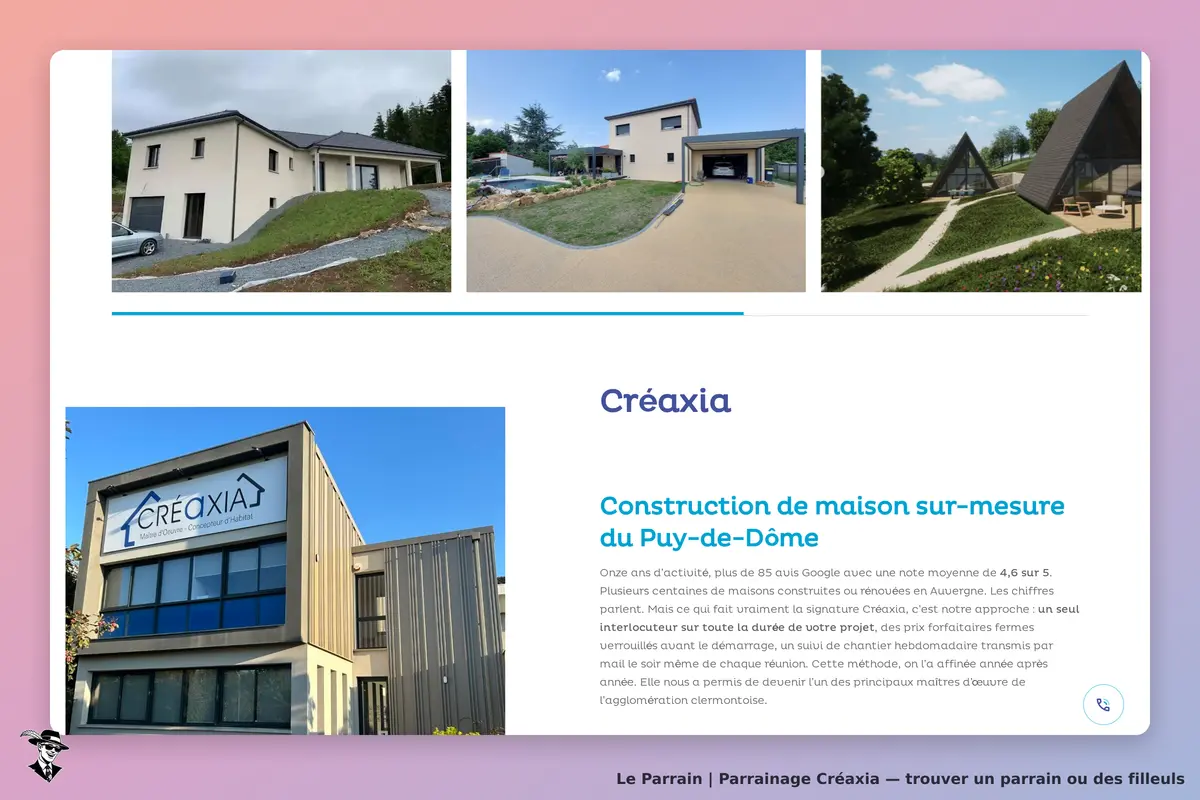 Créaxia : page d'accueil avec photos de maisons et présentation de l'entreprise