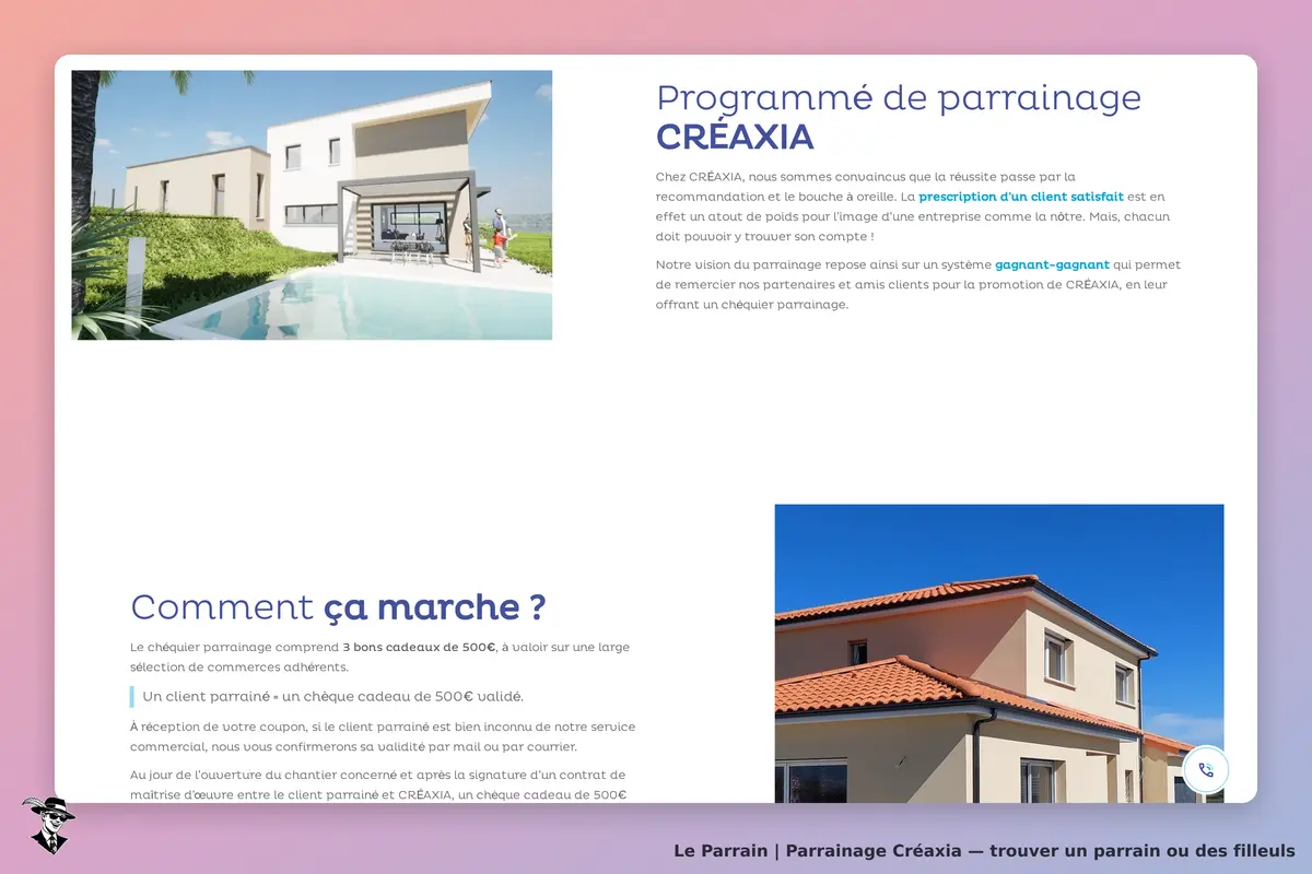 Créaxia : programme de parrainage avec images de maisons modernes et explications sur le
