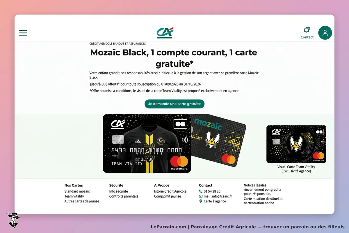 Crédit Agricole : page d'accueil présentant l'offre Mozaïc Black et des cartes associées