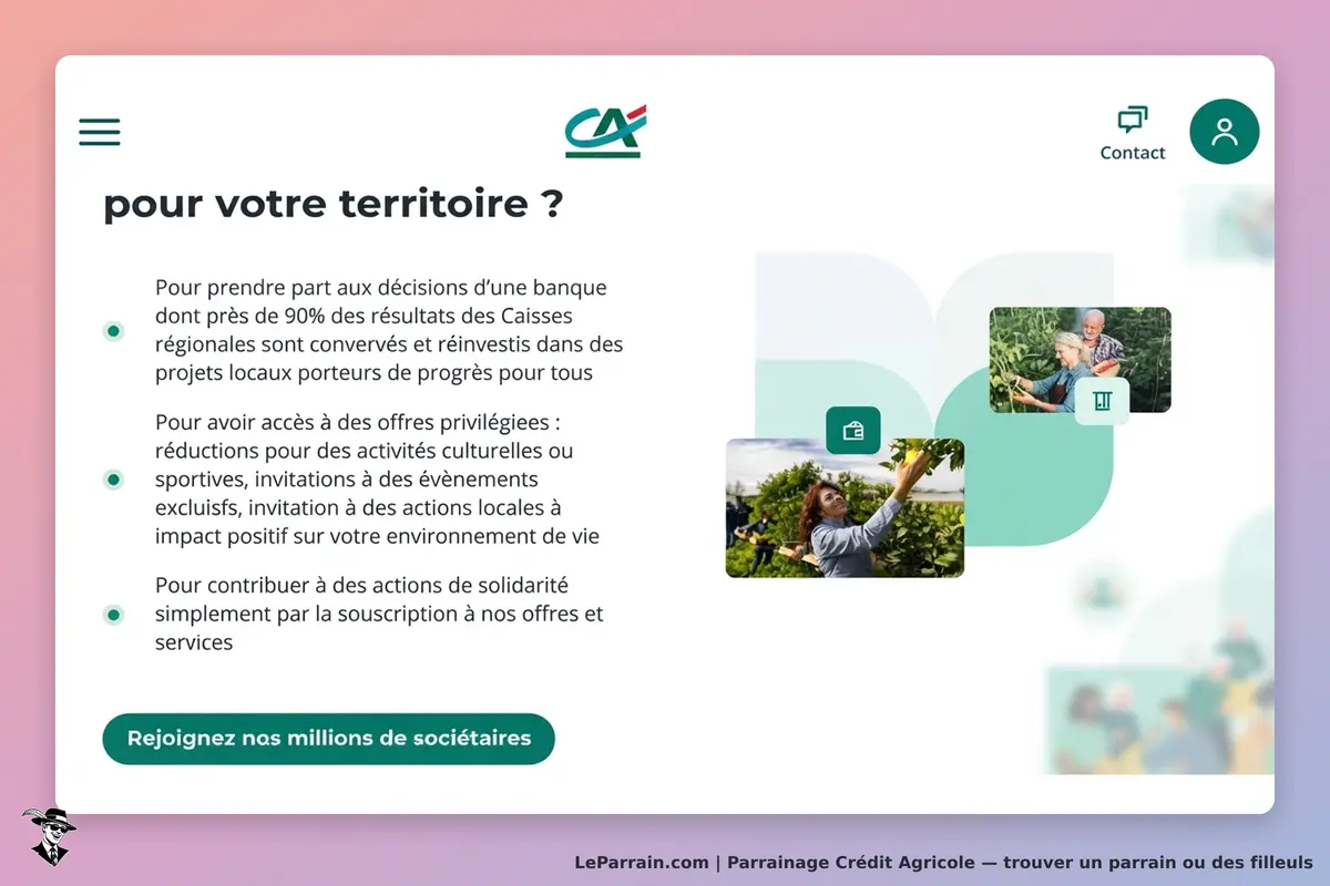 Crédit Agricole : page d'accueil présentant des actions pour le territoire et des images de