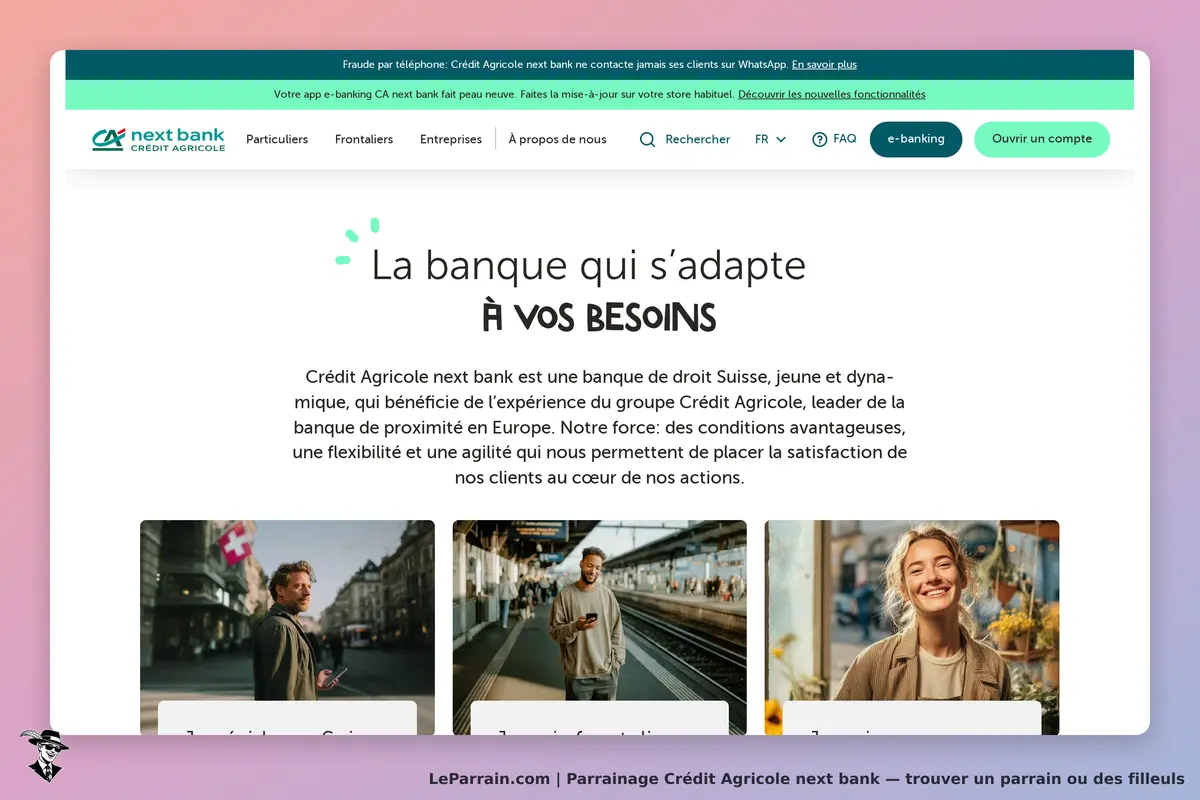 Crédit Agricole next bank : page d'accueil présentant des services et des images de clients