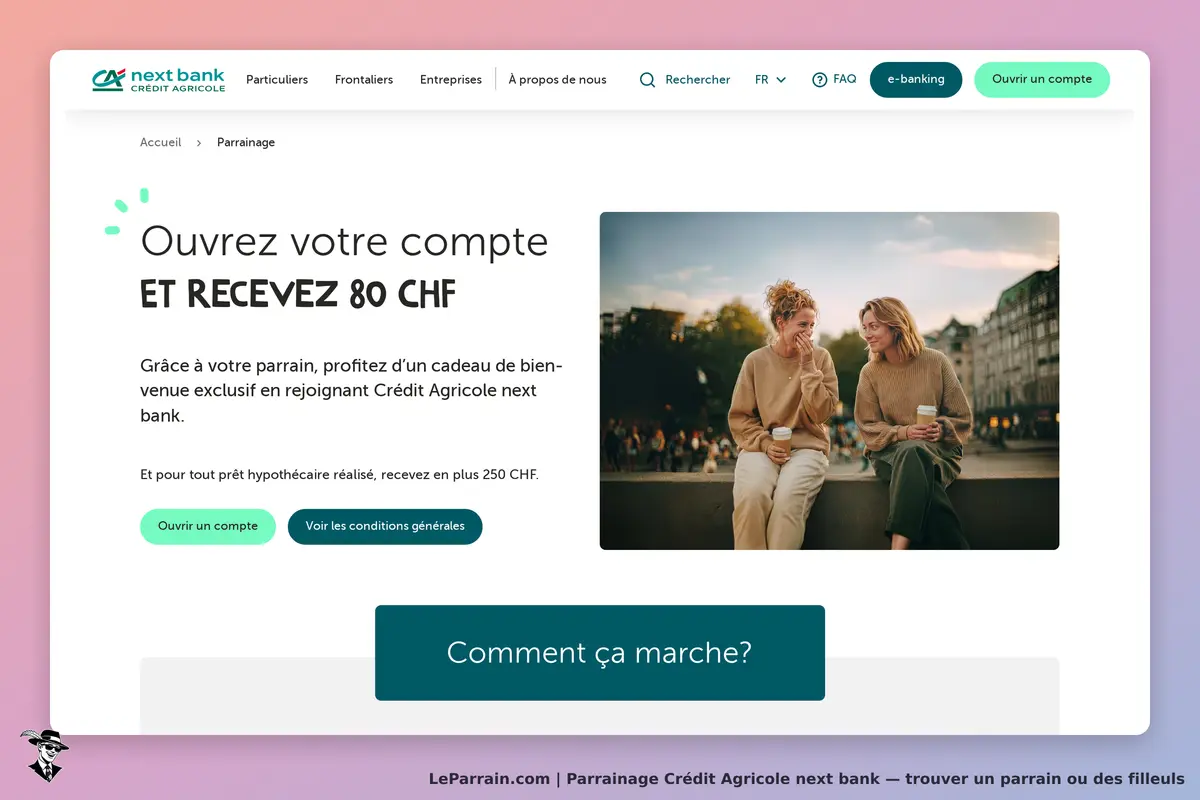 Crédit Agricole next bank : page d'accueil avec deux femmes discutant, boissons à la main