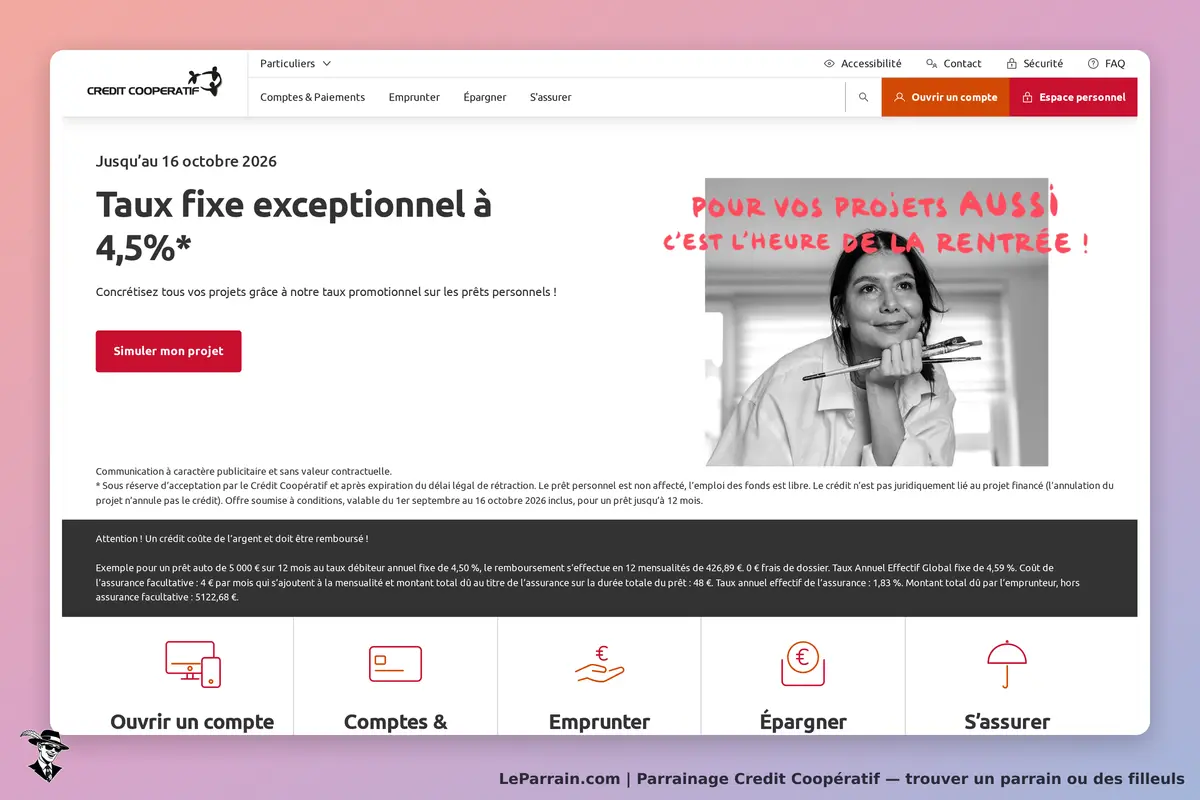 Credit Coopératif : page d'accueil avec offres de prêts et options de compte pour particuliers