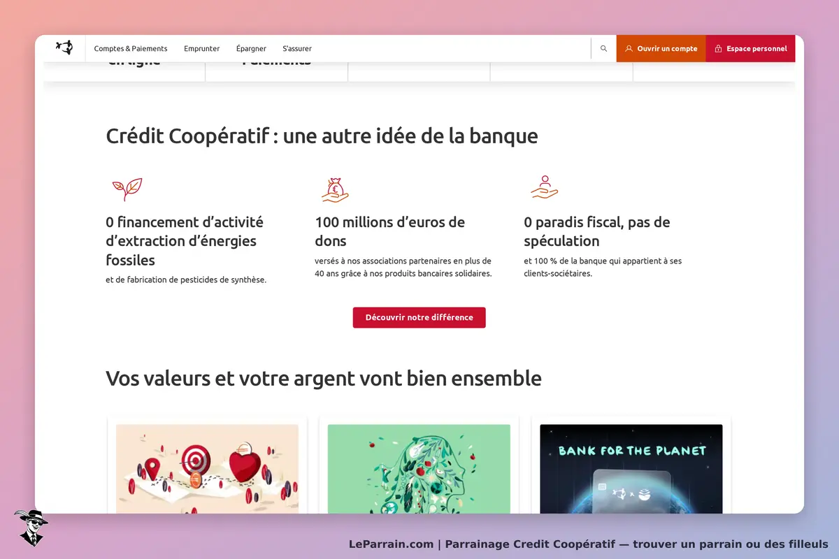 Credit Coopératif : page d'accueil présentant des valeurs et illustrations sur la banque