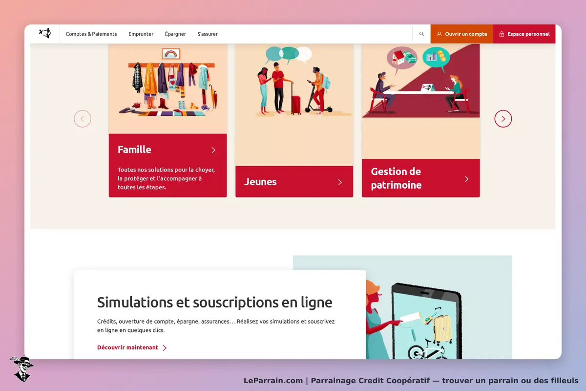Credit Coopératif : page d'accueil avec sections pour familles, jeunes et gestion de patrimoine