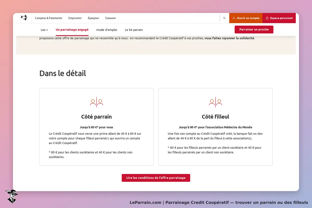 Credit Coopératif : section sur le parrainage avec détails pour parrains et filleuls