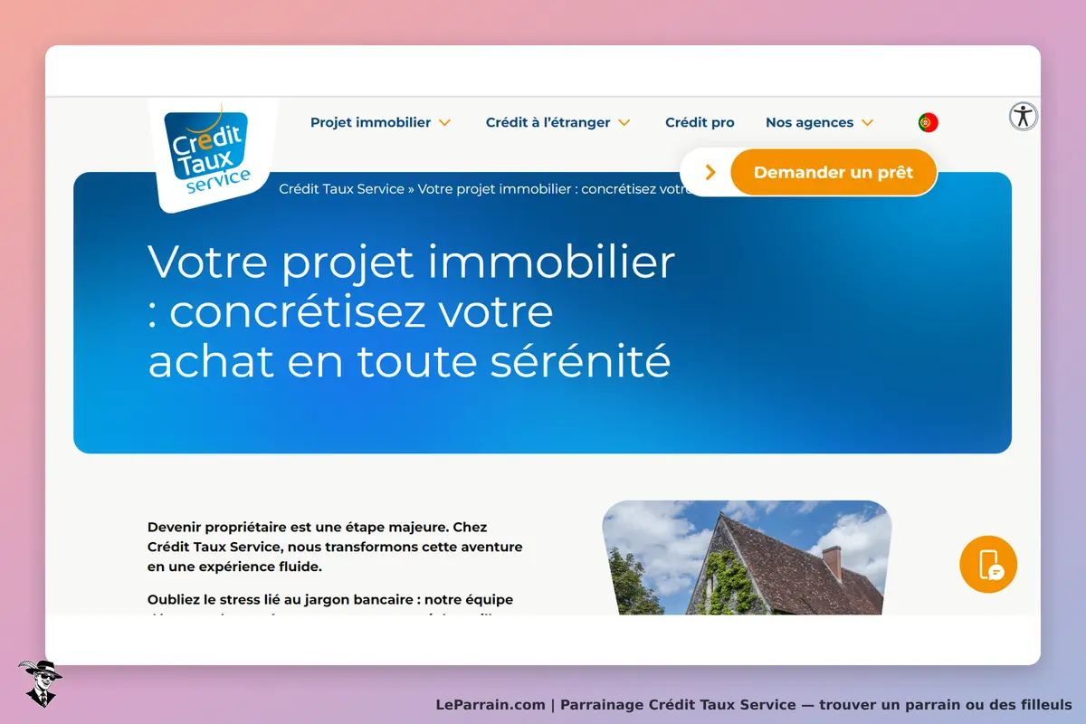 Crédit Taux Service : page d'accueil présentant un projet immobilier et un bouton pour demander un