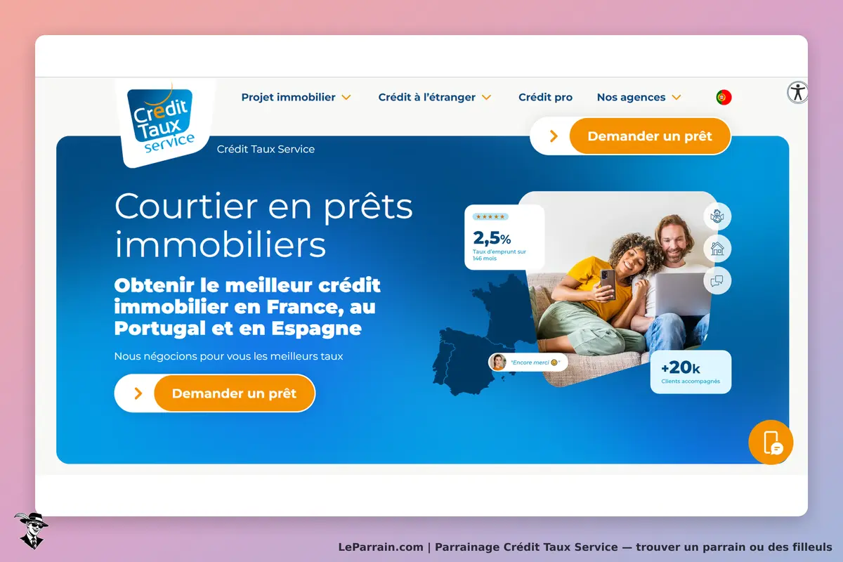 Crédit Taux Service : page d'accueil avec un couple et informations sur les prêts immobiliers
