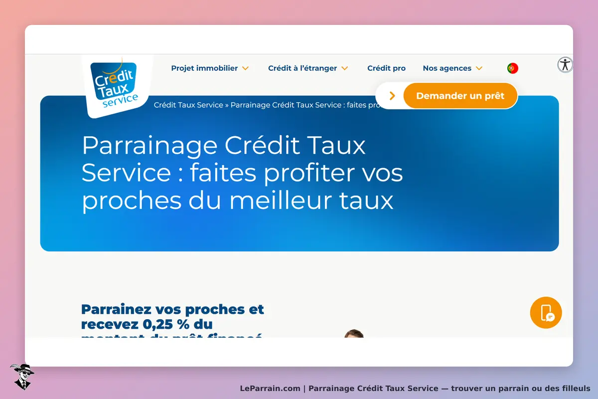 Crédit Taux Service : page d'accueil avec un message sur le parrainage et un bouton de demande de
