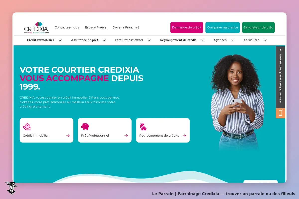 Credixia : page d'accueil avec un message d'accueil et des options de crédit. Une personne