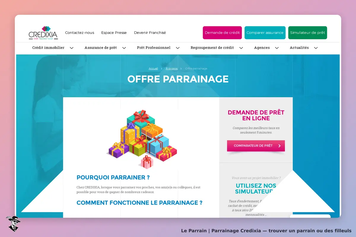 Credixia : page d'accueil avec l'offre de parrainage et des illustrations de cadeaux