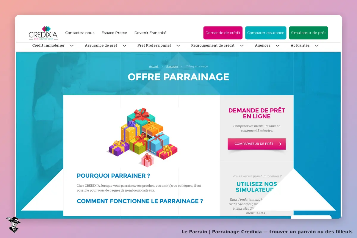 Credixia : page d'accueil avec des cadeaux, section sur le parrainage et demande de prêt