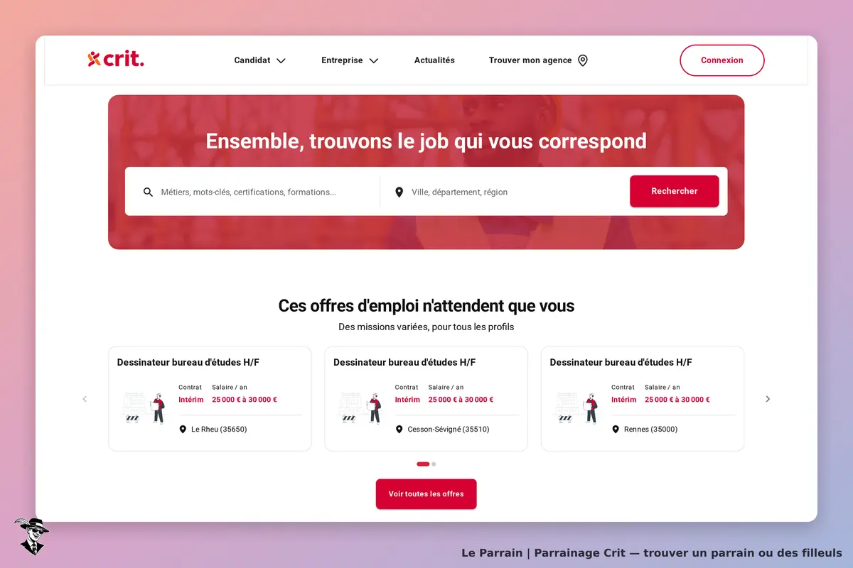 Crit : page d'accueil avec un moteur de recherche et des offres d'emploi affichées
