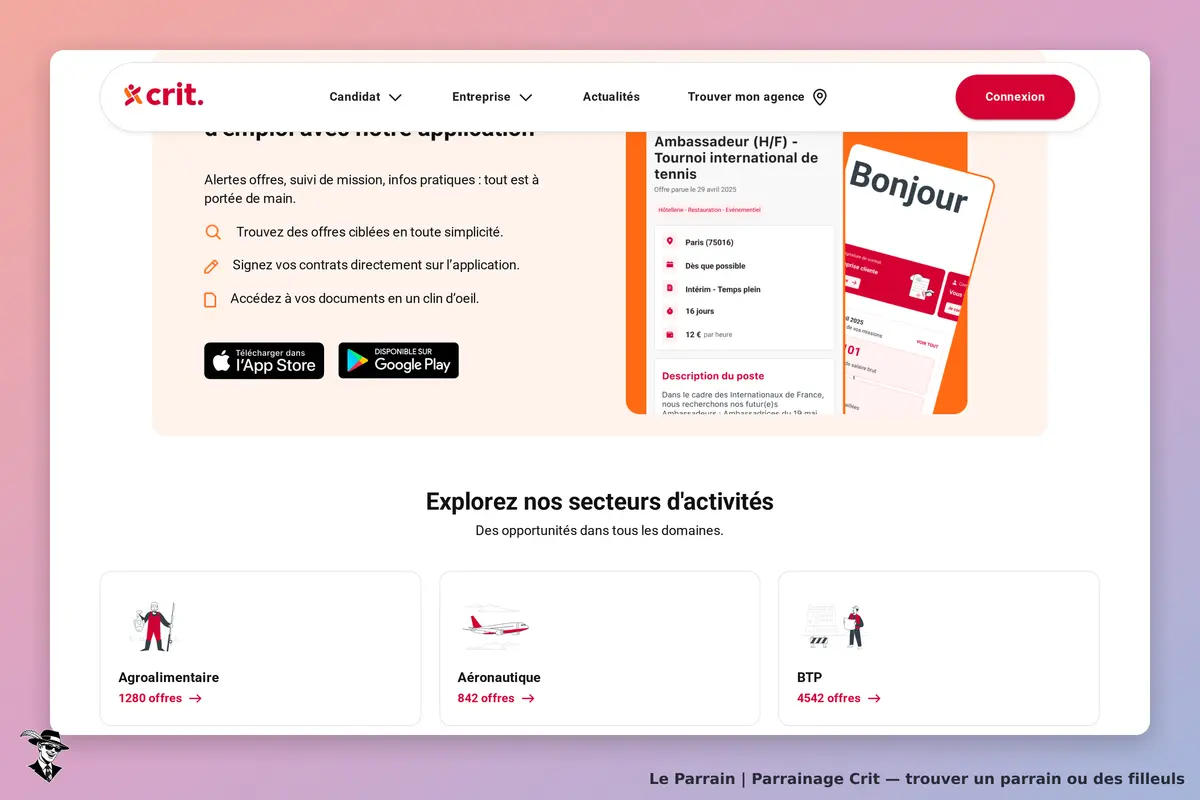Crit : page d'accueil avec présentation des secteurs d'activité et offres d'emploi