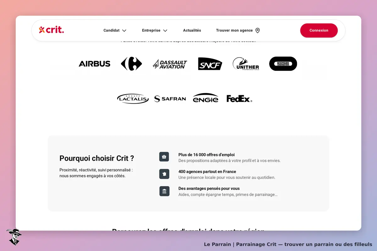 Crit : logo d'entreprises partenaires et sections sur les avantages et services de Crit