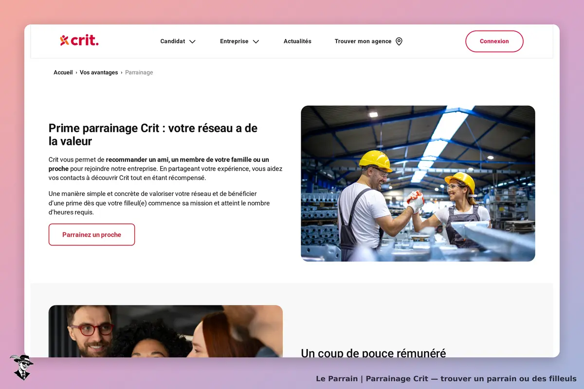 Crit : page d'accueil présentant le programme de parrainage avec des images de travailleurs