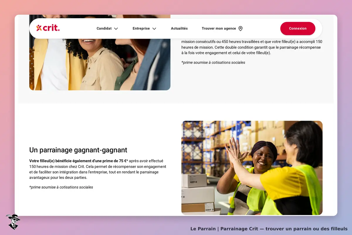 Crit : page d'accueil présentant le programme de parrainage avec des images de personnes souriantes