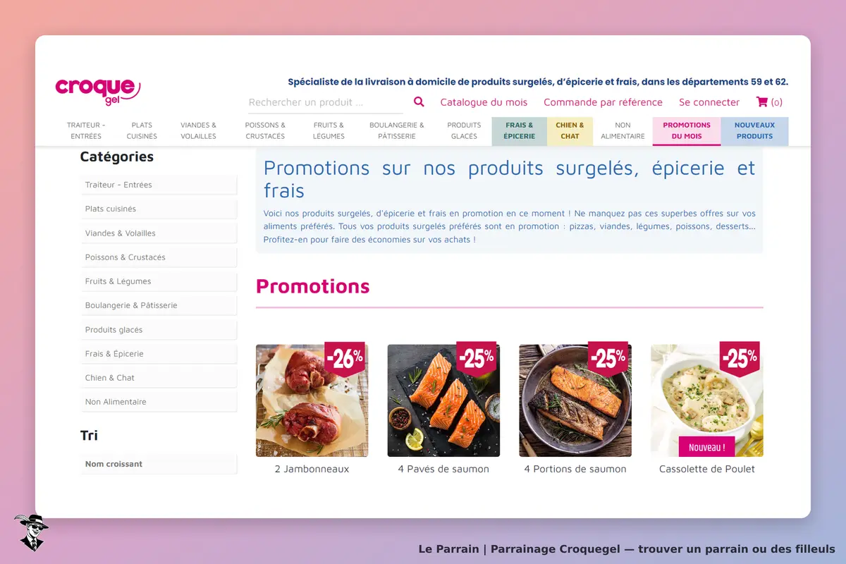 Croquegel : page d'accueil avec catégories et promotions sur produits surgelés et frais